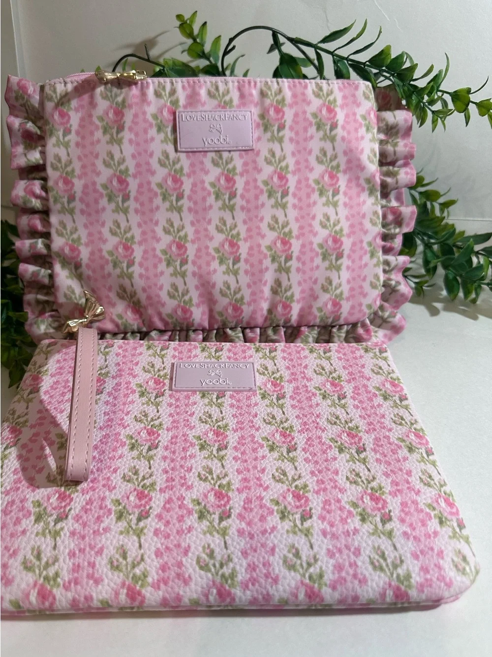 LoveShackFancy Blooming Heirloom Pink Floral Cosmetic/Accessory Pouch Set